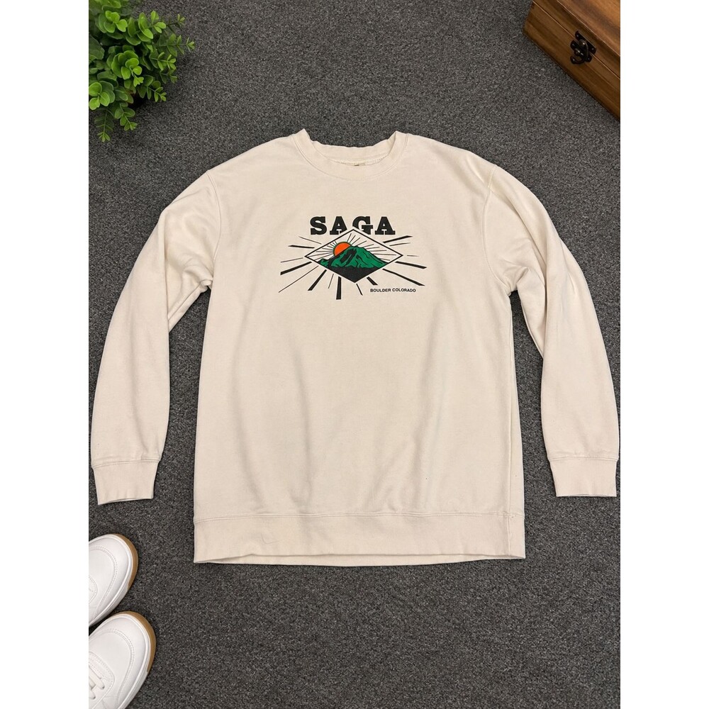 SAGA Boulder Colorado Mountain Graphic Crewneck Sweatshirt XXL White Ski